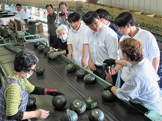 JAるもい苫前撰果場　撰果について質問する生徒の様子
